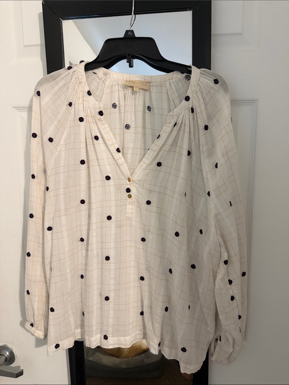 Cream Button-Front Peasant Blouse with Navy Embroidered Dots